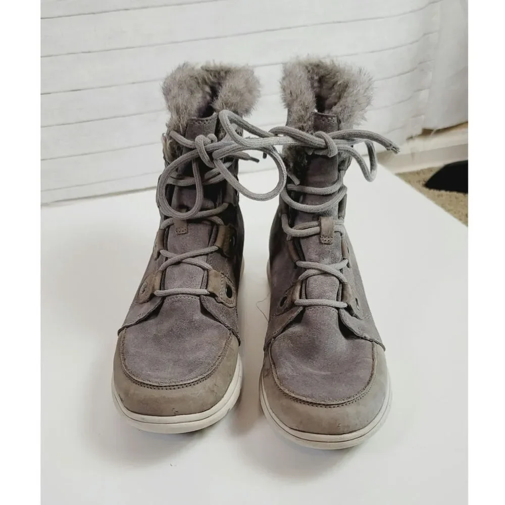 Sorel Explorer Joan Shearling Waterproof Suede Leather Bootie in Gray, sz 9.5
